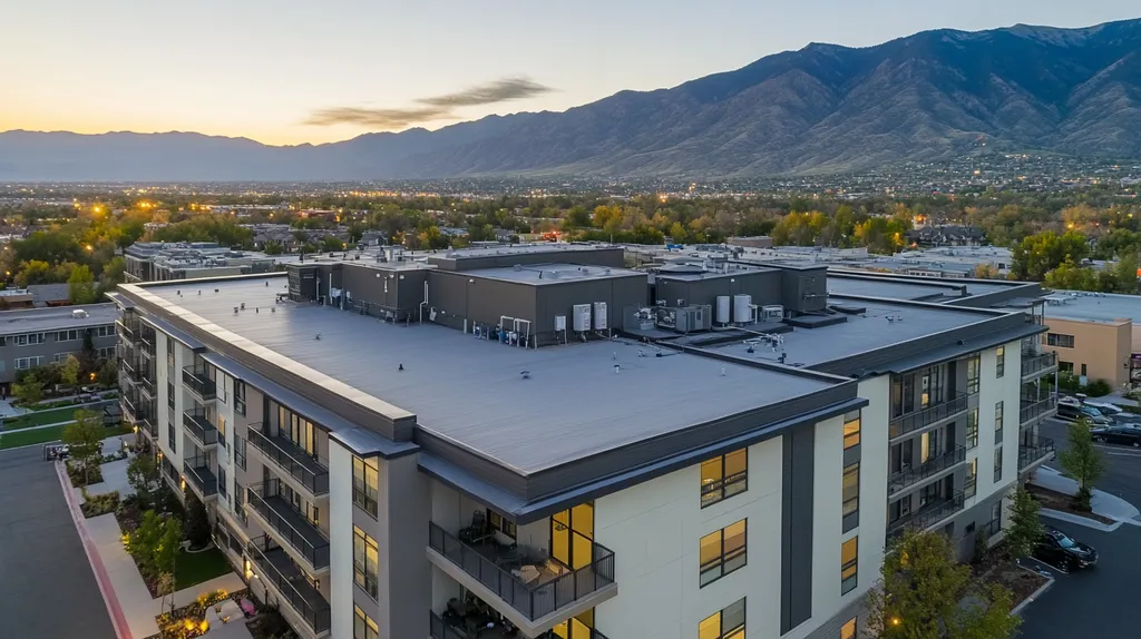 A commercial roof on high-rise apartments in a location similar to Salt Lake City with an illuminated nightscape aesthetic (AI image)
