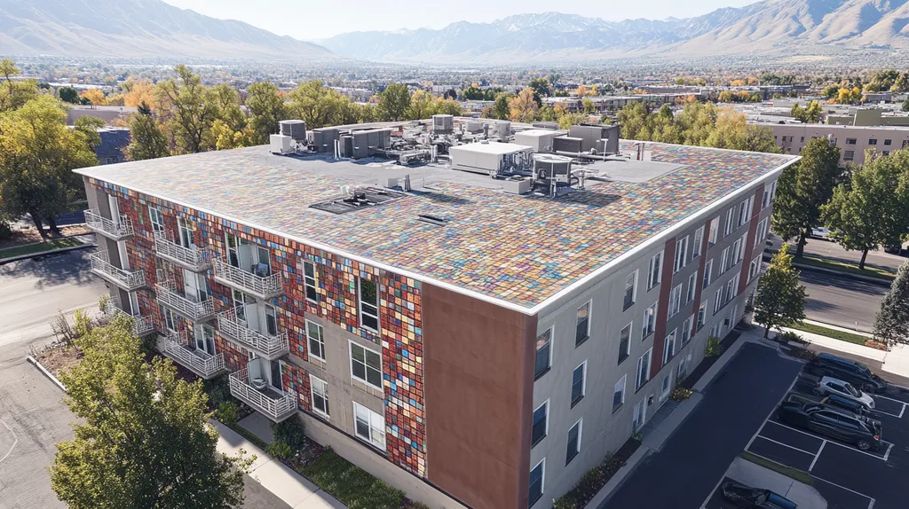 A commercial roof on high-rise apartments in a location similar to Salt Lake City with a mosaic tile art aesthetic (AI image)