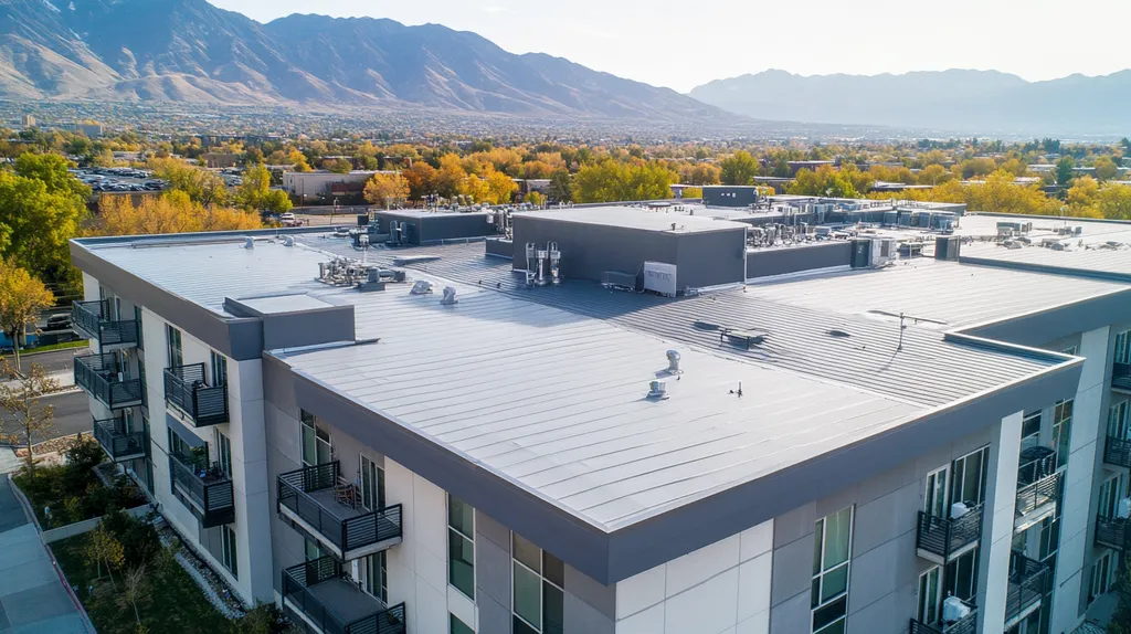 A commercial roof on high-rise apartments in a location similar to Salt Lake City with a stainless steel aesthetic (AI image)