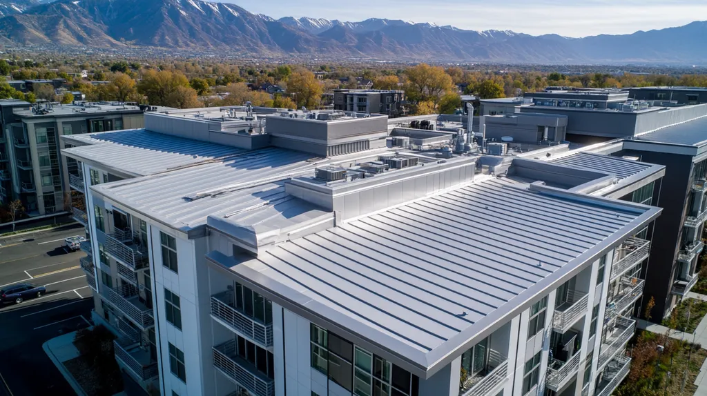 A commercial roof on high-rise apartments in a location similar to Salt Lake City with a stainless steel aesthetic (AI image)