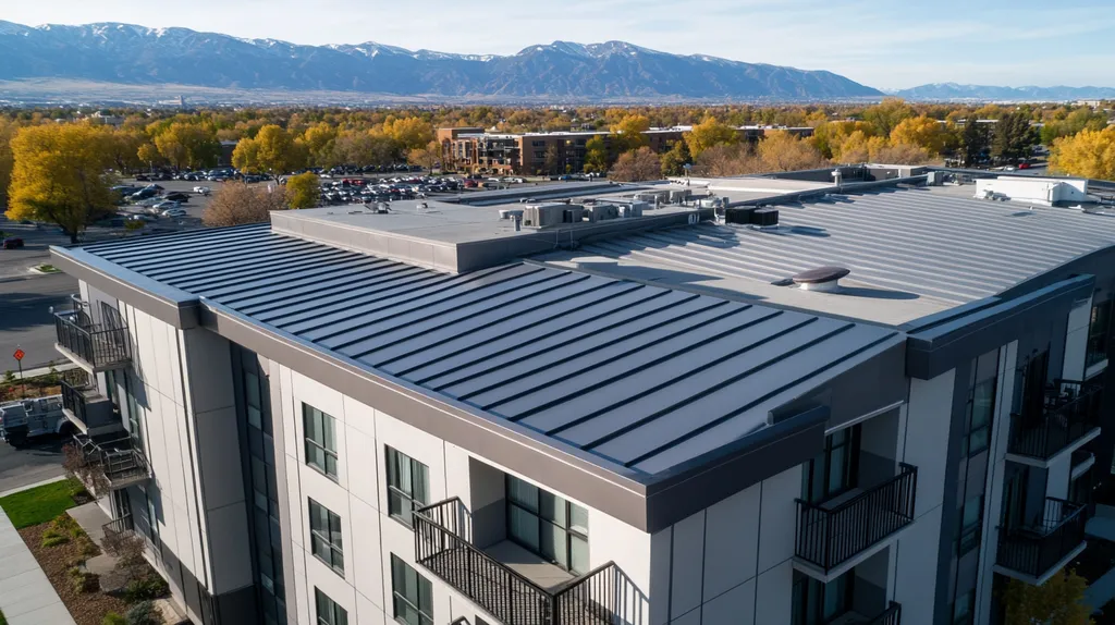 A commercial roof on high-rise apartments in a location similar to Salt Lake City with a stainless steel aesthetic (AI image)