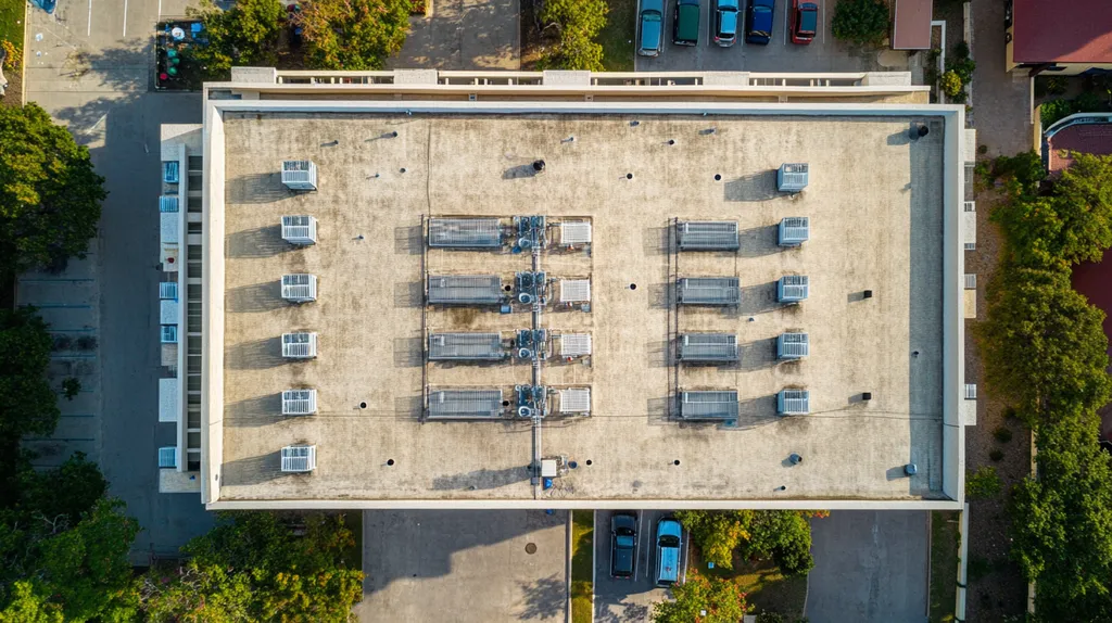 A commercial roof on high-rise apartments in a location similar to San Antonio with an architectural photography aesthetic (AI image)