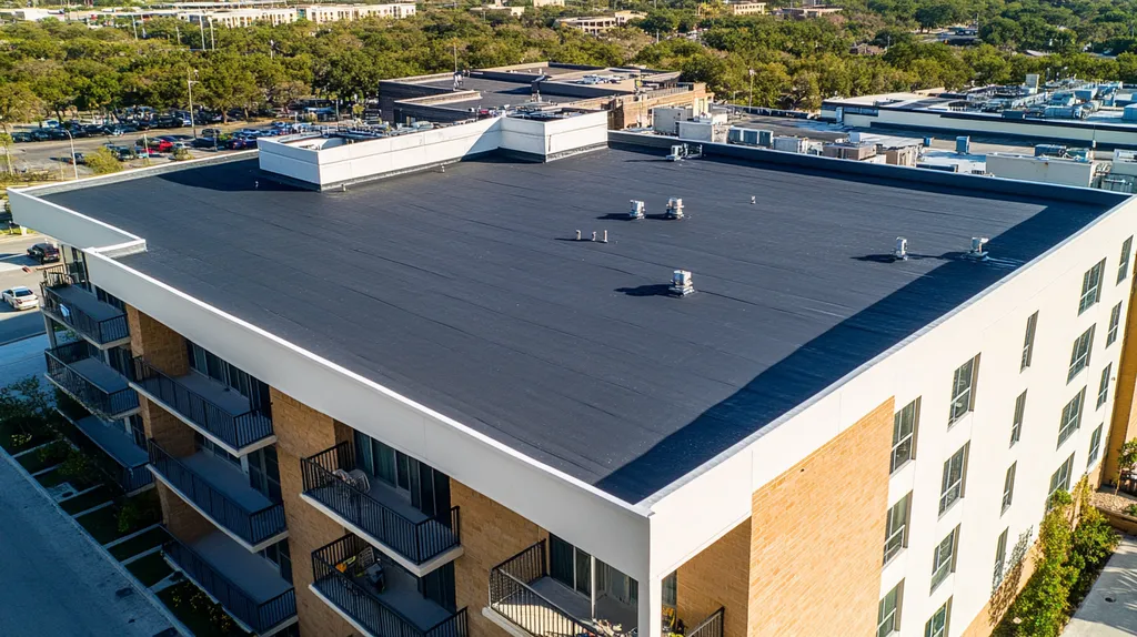 A commercial roof on high-rise apartments in a location similar to San Antonio with an architectural photography aesthetic (AI image)