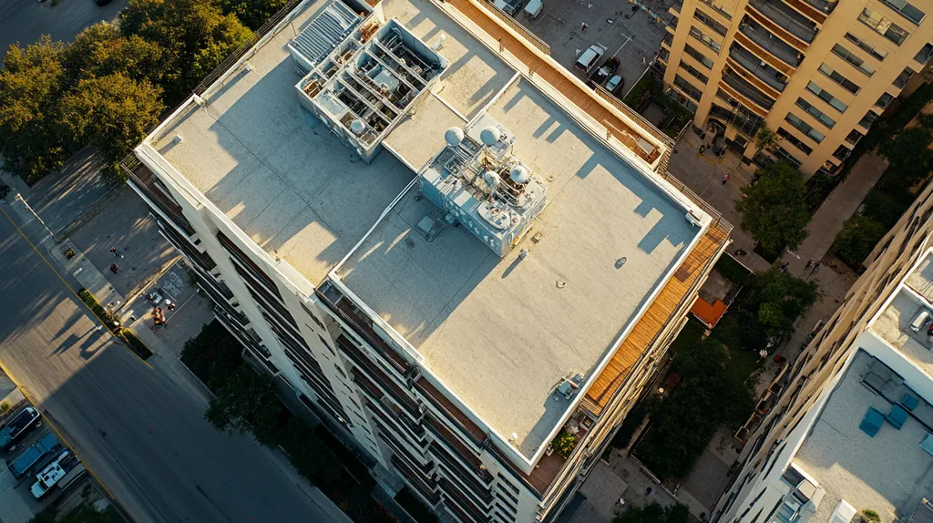 A commercial roof on high-rise apartments in a location similar to San Antonio with an architectural photography aesthetic (AI image)