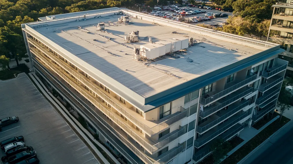 A commercial roof on high-rise apartments in a location similar to San Antonio with a futuristic aesthetic (AI image)