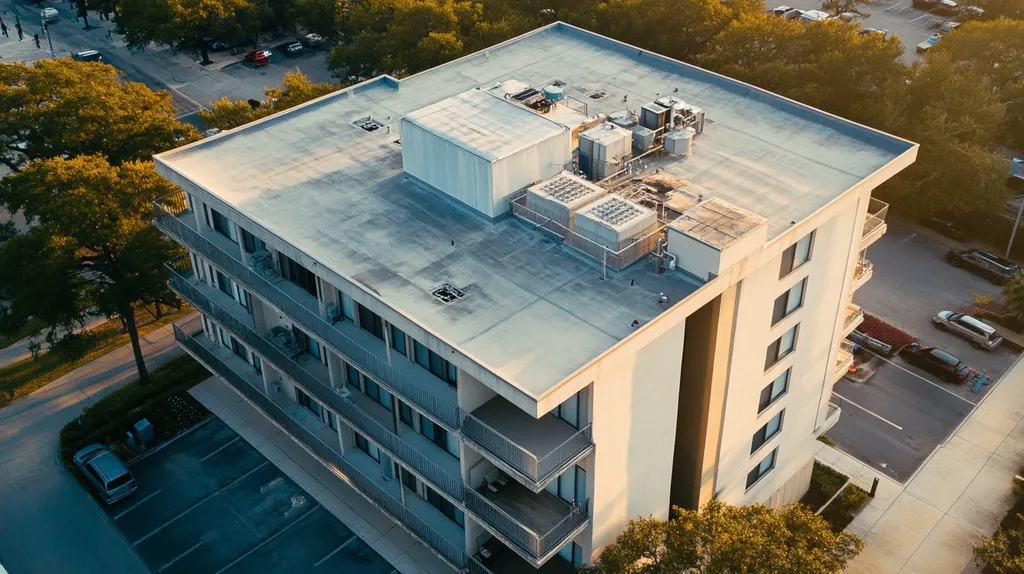 A commercial roof on high-rise apartments in a location similar to San Antonio with a futuristic aesthetic (AI image)