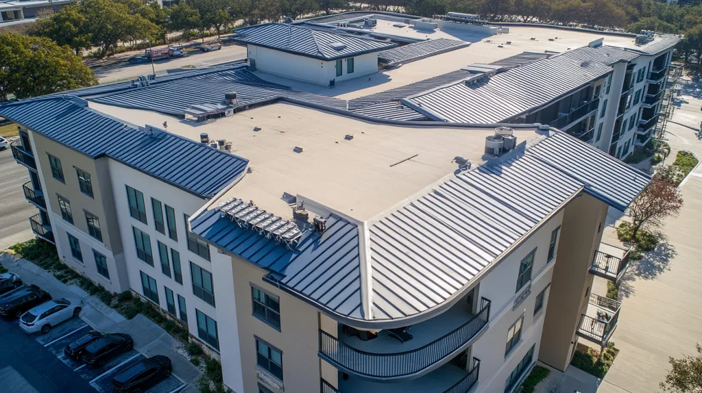 A commercial roof on high-rise apartments in a location similar to San Antonio with a futuristic aesthetic (AI image)