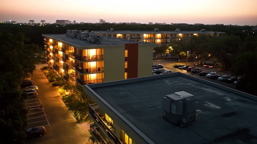 A commercial roof on high-rise apartments in a location similar to San Antonio with an illuminated nightscape aesthetic (AI image)