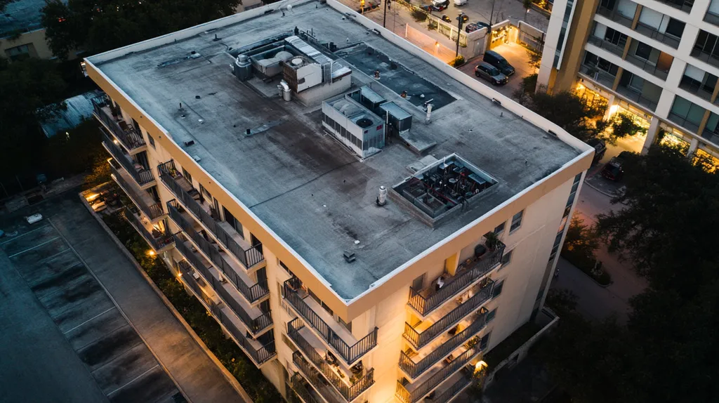 A commercial roof on high-rise apartments in a location similar to San Antonio with an illuminated nightscape aesthetic (AI image)