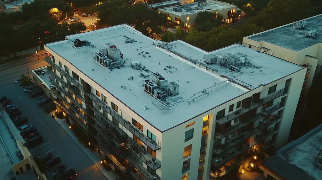 A commercial roof on high-rise apartments in a location similar to San Antonio with an illuminated nightscape aesthetic (AI image)