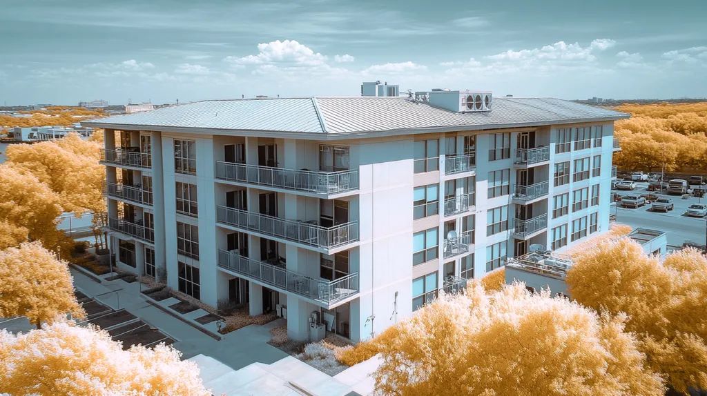 A commercial roof on high-rise apartments in a location similar to San Antonio with an infrared photography aesthetic (AI image)