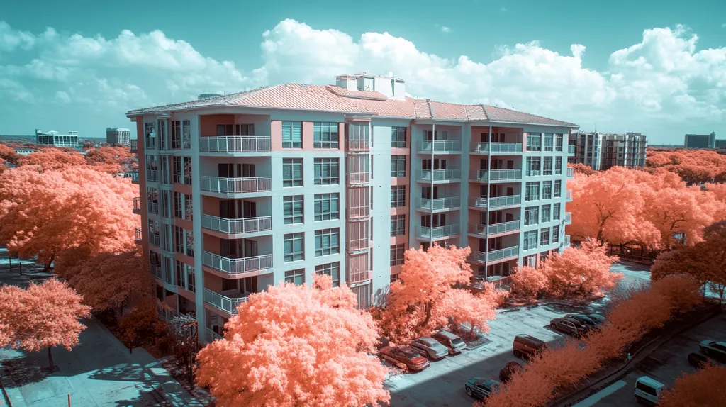 A commercial roof on high-rise apartments in a location similar to San Antonio with an infrared photography aesthetic (AI image)