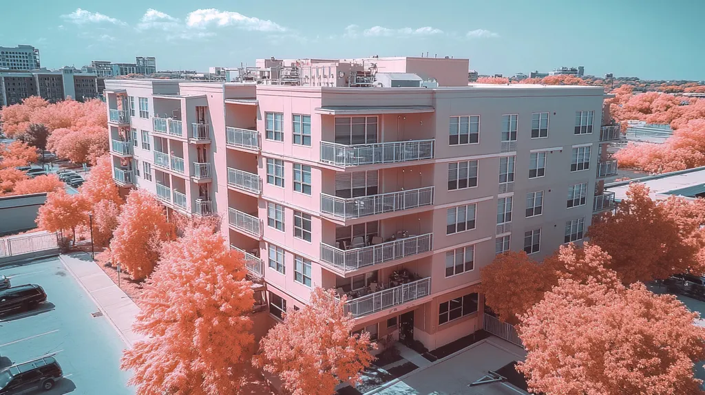 A commercial roof on high-rise apartments in a location similar to San Antonio with an infrared photography aesthetic (AI image)
