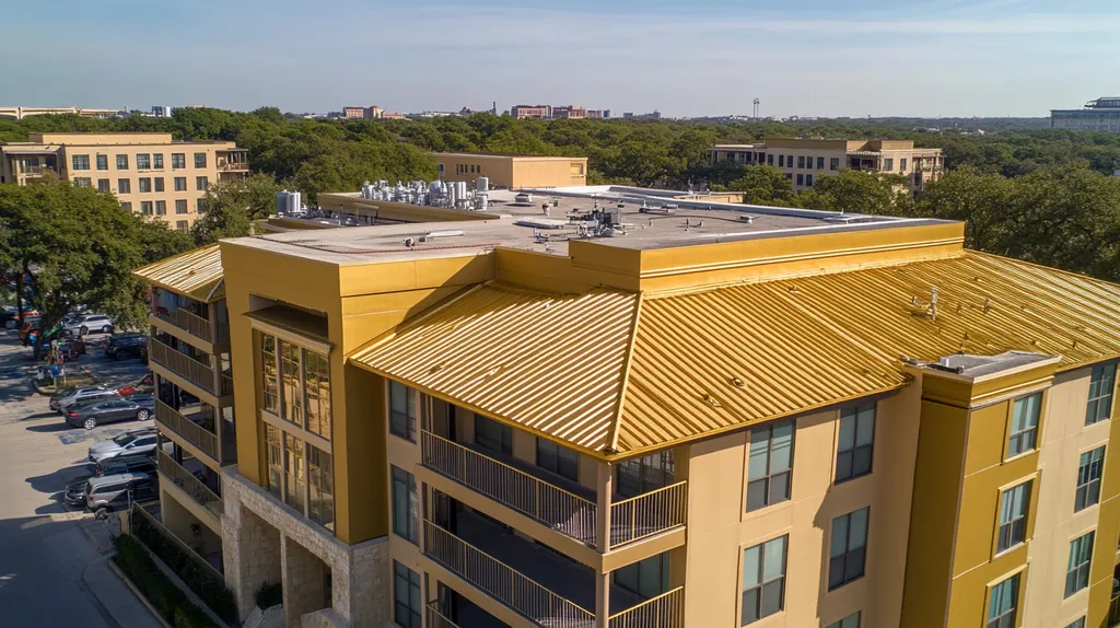 A commercial roof on high-rise apartments in a location similar to San Antonio with a solid gold aesthetic (AI image)