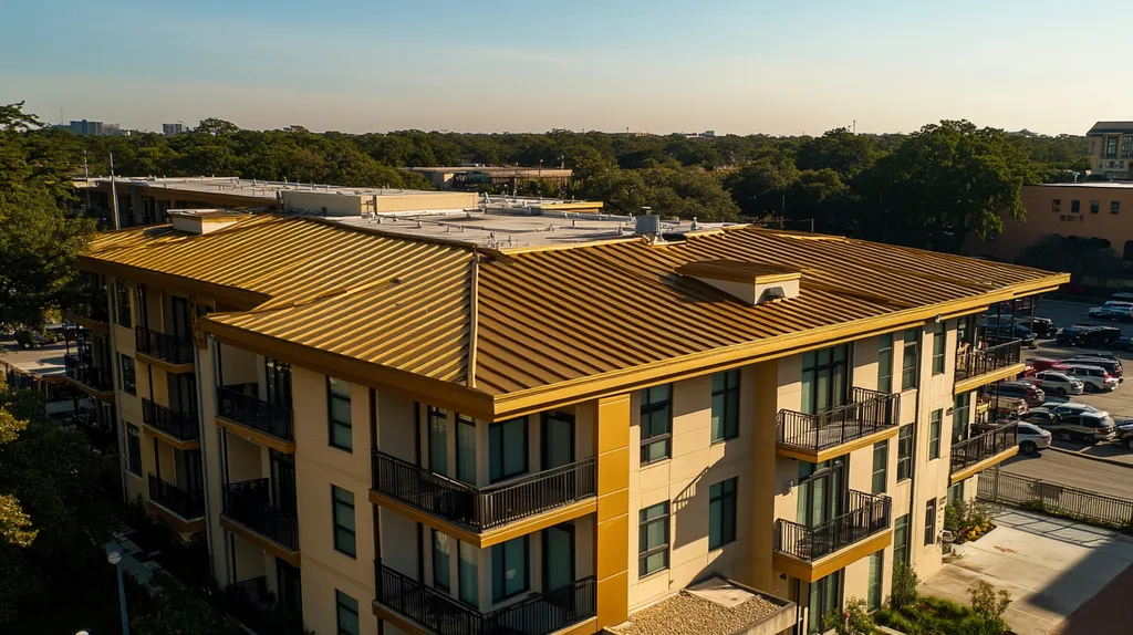 A commercial roof on high-rise apartments in a location similar to San Antonio with a solid gold aesthetic (AI image)
