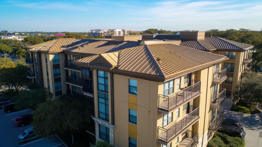 A commercial roof on high-rise apartments in a location similar to San Antonio with a solid gold aesthetic (AI image)