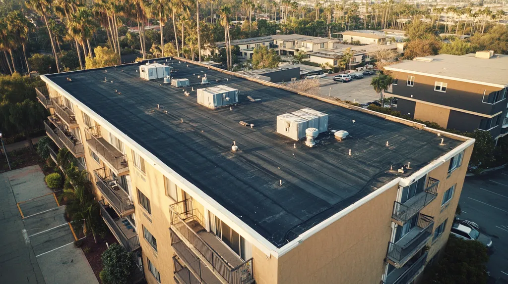 A commercial roof on high-rise apartments in a location similar to San Diego with a Polaroid aesthetic (AI image)