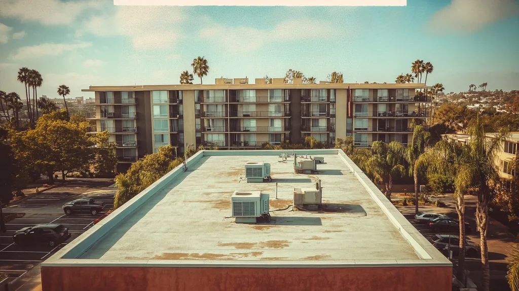 A commercial roof on high-rise apartments in a location similar to San Diego with a Polaroid aesthetic (AI image)