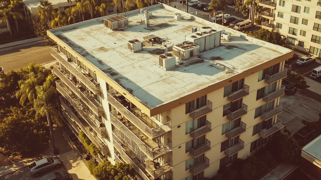 A commercial roof on high-rise apartments in a location similar to San Diego with a Polaroid aesthetic (AI image)