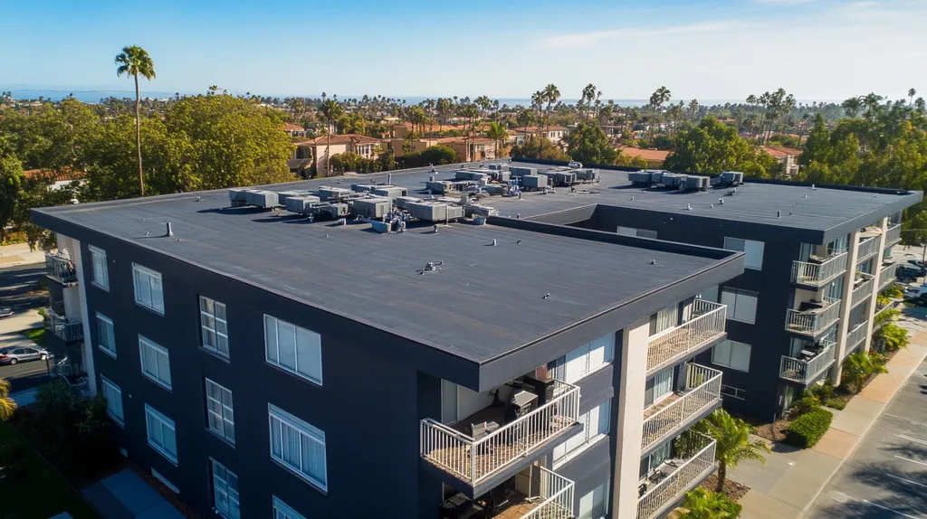 A commercial roof on high-rise apartments in a location similar to San Diego with a cross-processed look aesthetic (AI image)