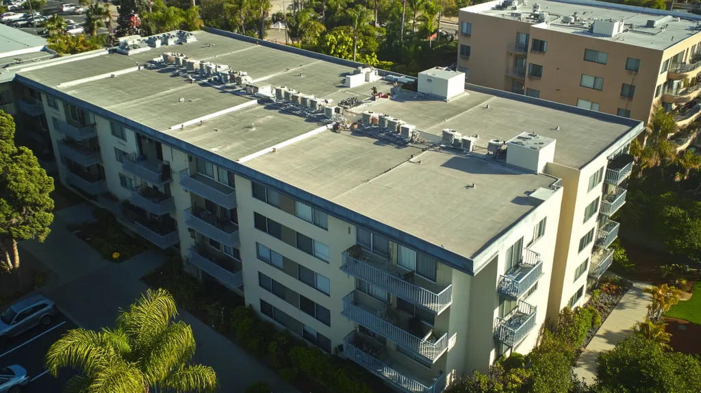 A commercial roof on high-rise apartments in a location similar to San Diego with a cross-processed look aesthetic (AI image)