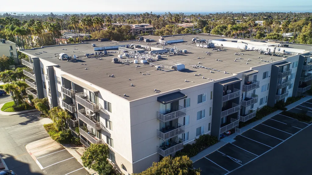 A commercial roof on high rise apartments in a location similar to San Diego with a cross-processed look aesthetic (AI image)