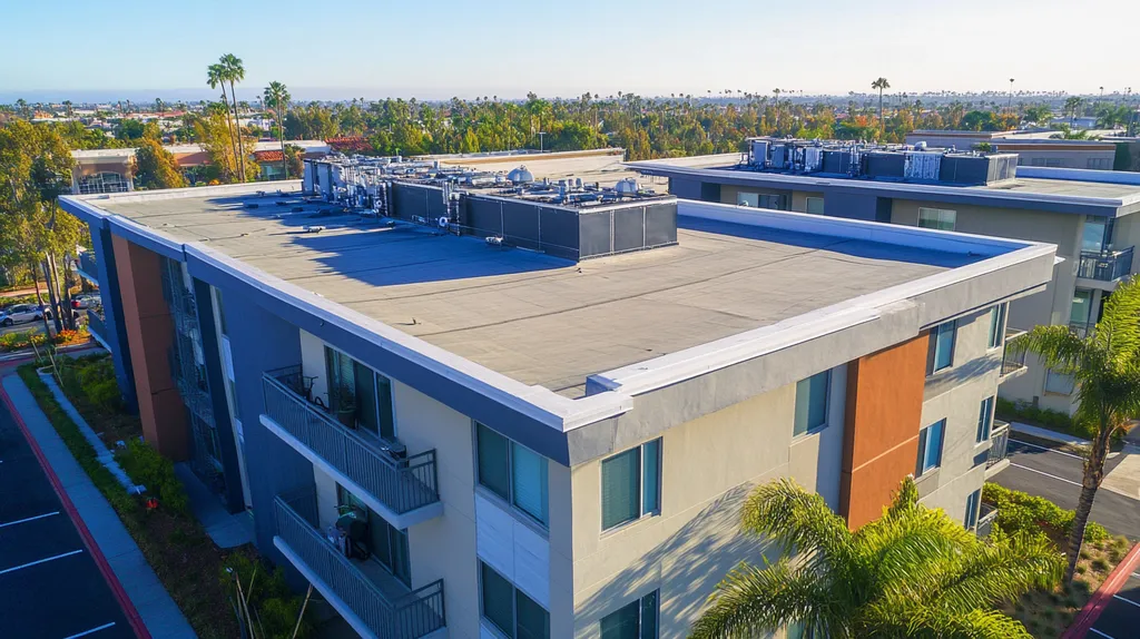 A commercial roof on high-rise apartments in a location similar to San Diego with a cross-processed look aesthetic (AI image)