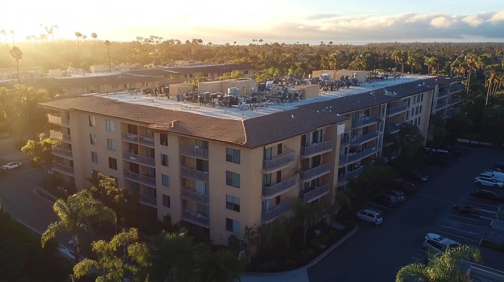 A commercial roof on high-rise apartments in a location similar to San Diego with a light beams aesthetic (AI image)