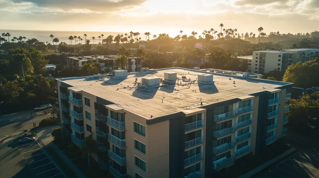 A commercial roof on high-rise apartments in a location similar to San Diego with a light beams aesthetic (AI image)