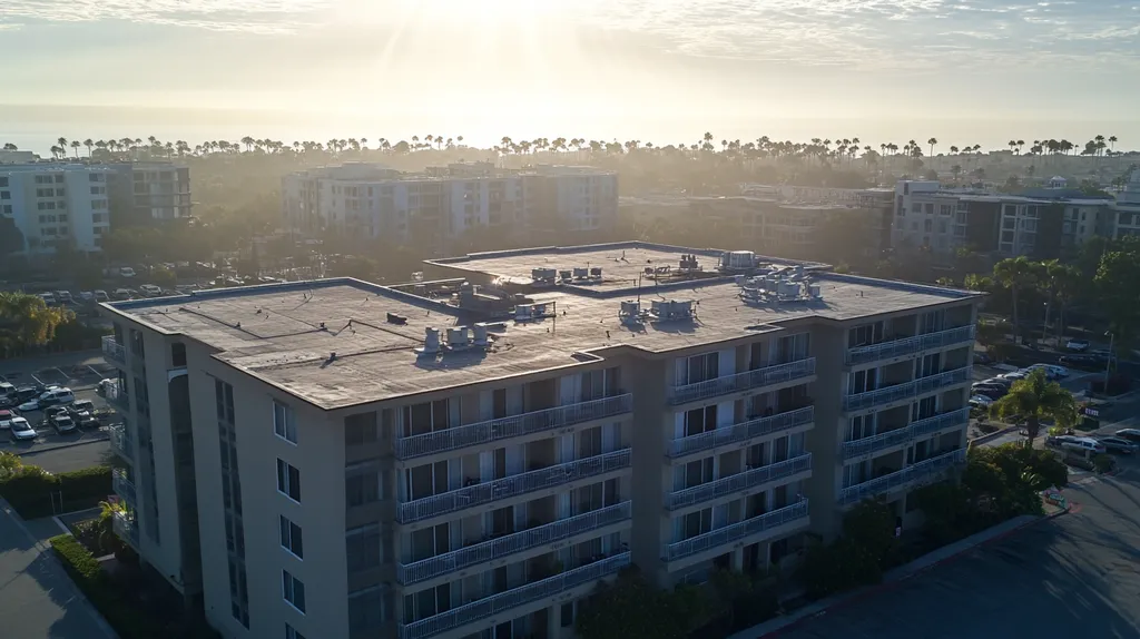 A commercial roof on high-rise apartments in a location similar to San Diego with a light beams aesthetic (AI image)