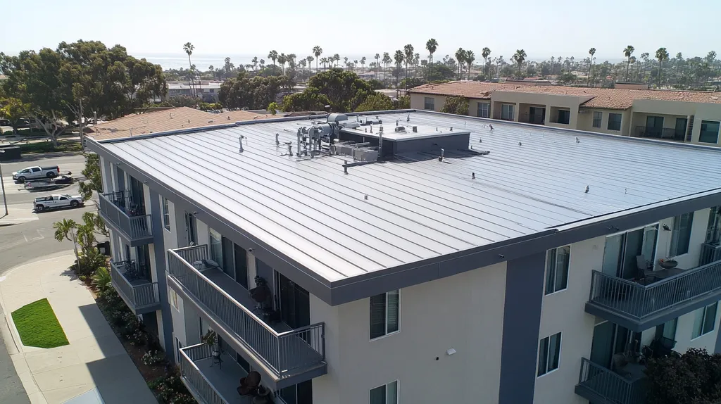 A commercial roof on high-rise apartments in a location similar to San Diego with a stainless steel aesthetic (AI image)