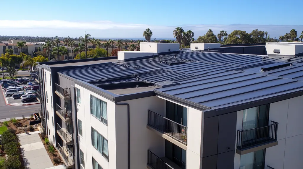 A commercial roof on high-rise apartments in a location similar to San Diego with a stainless steel aesthetic (AI image)
