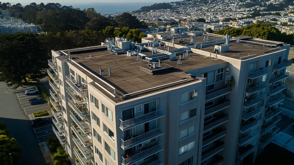A commercial roof on high-rise apartments in a location similar to San Francisco with an architectural photography aesthetic (AI image)
