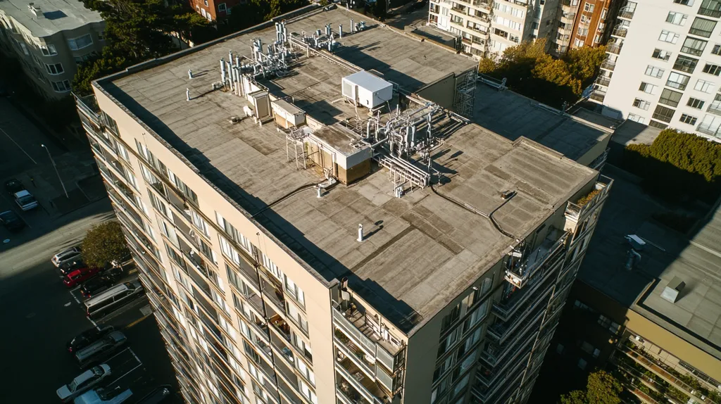 A commercial roof on a high-rise apartment in a location similar to San Francisco with an architectural photography aesthetic (AI image)