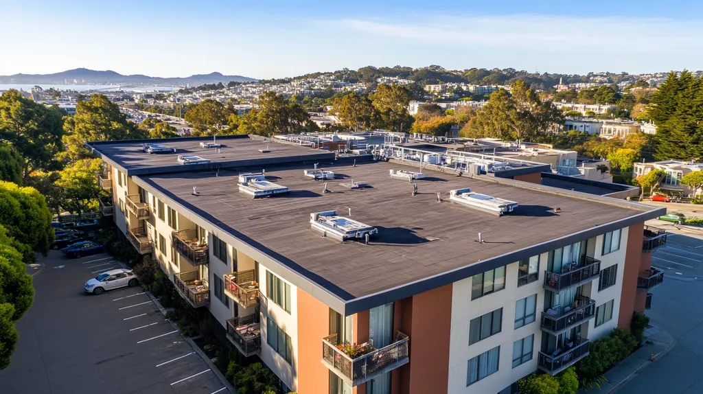 A commercial roof on high-rise apartments in a location similar to San Francisco with an architectural photography aesthetic (AI image)