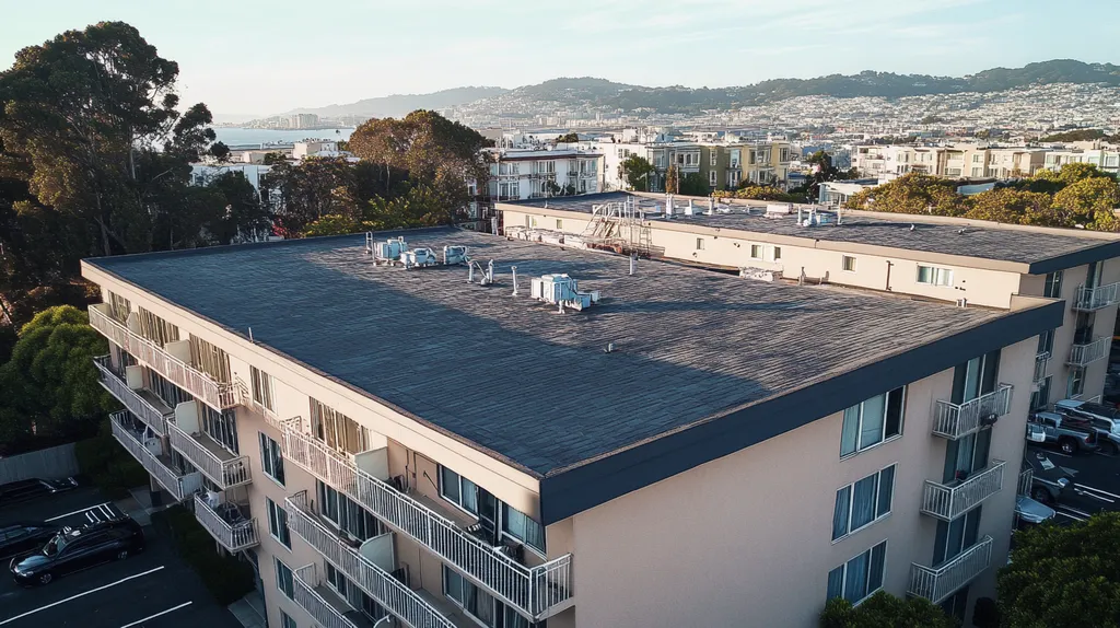 A commercial roof on high-rise apartments in a location similar to San Francisco with a comic book style aesthetic (AI image)