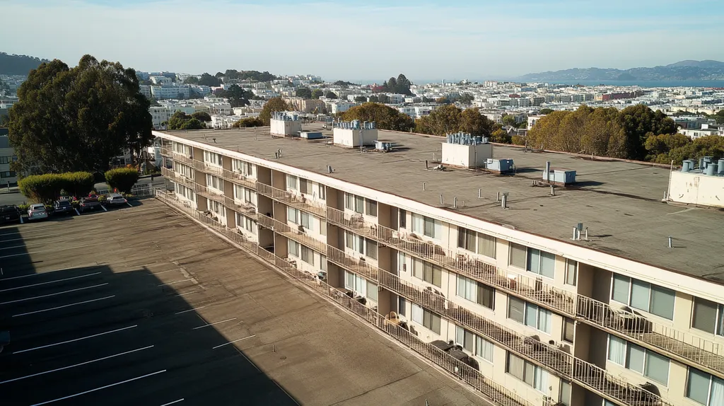 A commercial roof on high-rise apartments in a location similar to San Francisco with a comic book style aesthetic (AI image)