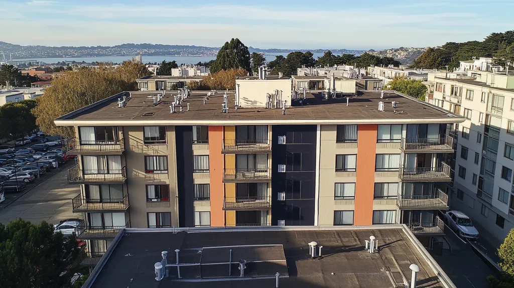 A commercial roof on high-rise apartments in a location similar to San Francisco with a comic book style aesthetic (AI image)