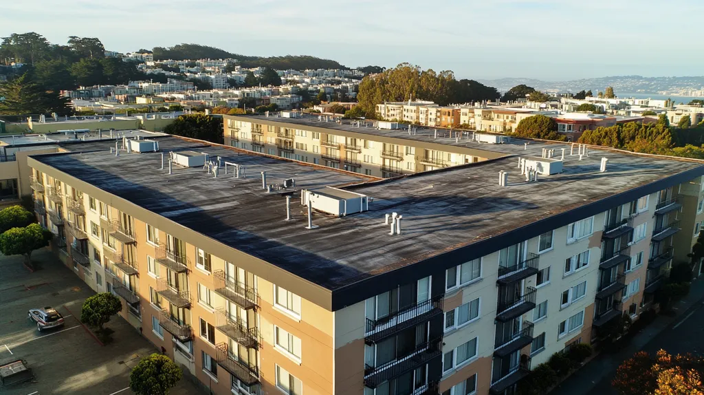 A commercial roof on high-rise apartments in a location similar to San Francisco with a comic book style aesthetic (AI image)
