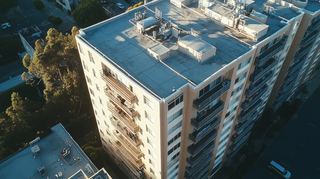 A commercial roof on high-rise apartments in a location similar to San Francisco with a cross-processed look aesthetic (AI image)