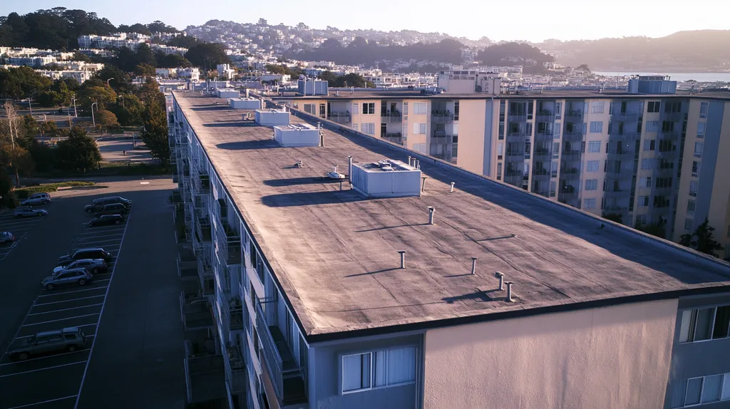 A commercial roof on high-rise apartments in a location similar to San Francisco with a cross-processed look aesthetic (AI image)