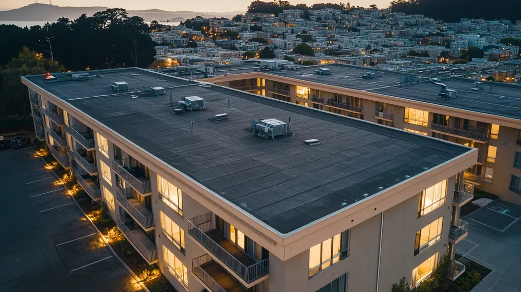 A commercial roof on high-rise apartments in a location similar to San Francisco with an illuminated nightscape aesthetic (AI image)