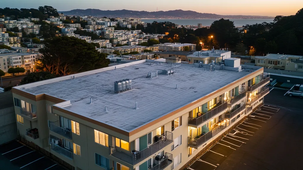 A commercial roof on high-rise apartments in a location similar to San Francisco with an illuminated nightscape aesthetic (AI image)