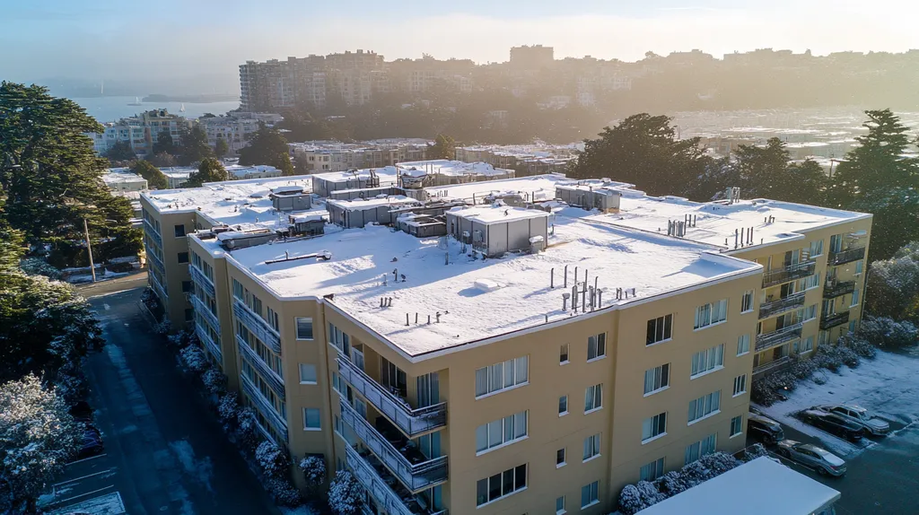 A commercial roof on high-rise apartments in a location similar to San Francisco with a snowy day aesthetic (AI image)