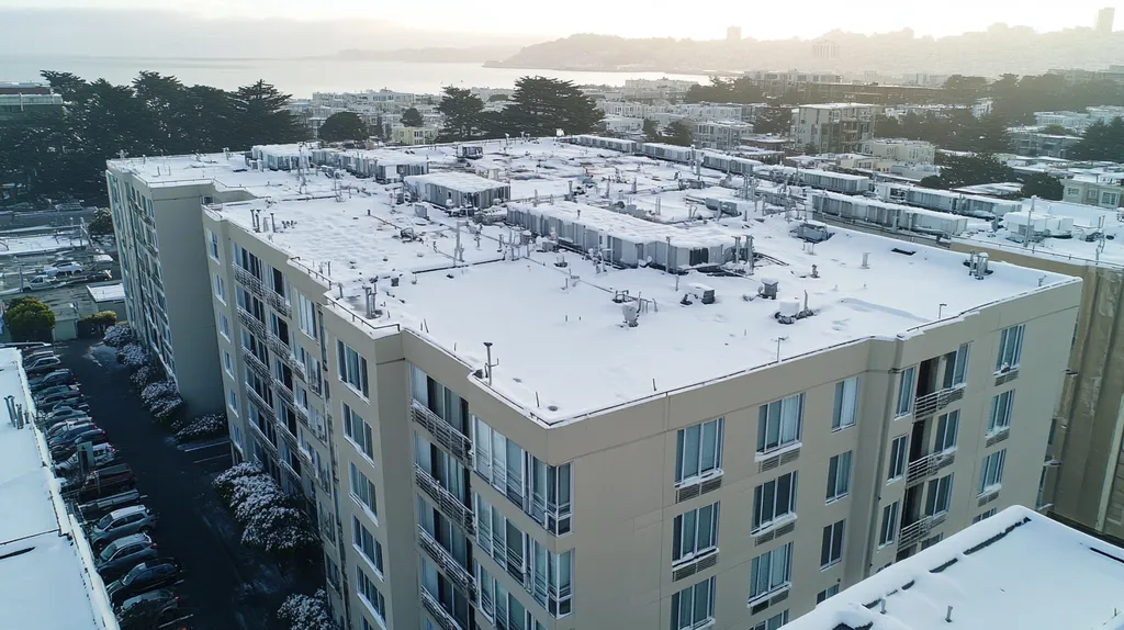 A commercial roof on high-rise apartments in a location similar to San Francisco with a snowy day aesthetic (AI image)