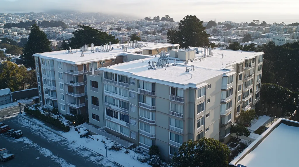 A commercial roof on high-rise apartments in a location similar to San Francisco with a snowy day aesthetic (AI image)