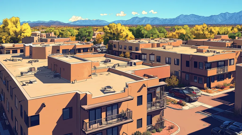 A commercial roof on high-rise apartments in a location similar to Santa Fe with a comic book style aesthetic (AI image)