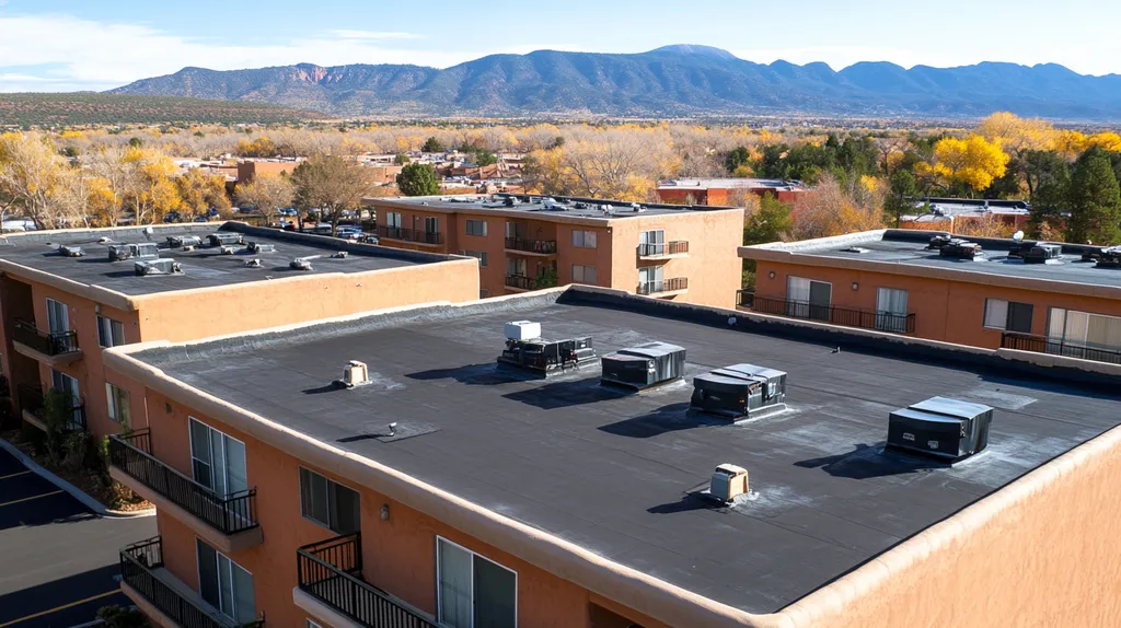 commercial-roof-high-rise-apartments-Santa-Fe-comic-book-style-7eb19504-fe18-46ba-86ad-1a1e48e1c1d2-We-Coat_result.webp A commercial roof on high-rise apartments in a location similar to Santa Fe with a comic book style aesthetic (AI image)