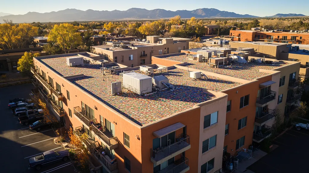 A commercial roof on high-rise apartments in a location similar to Santa Fe with a mosaic tile art aesthetic (AI image)