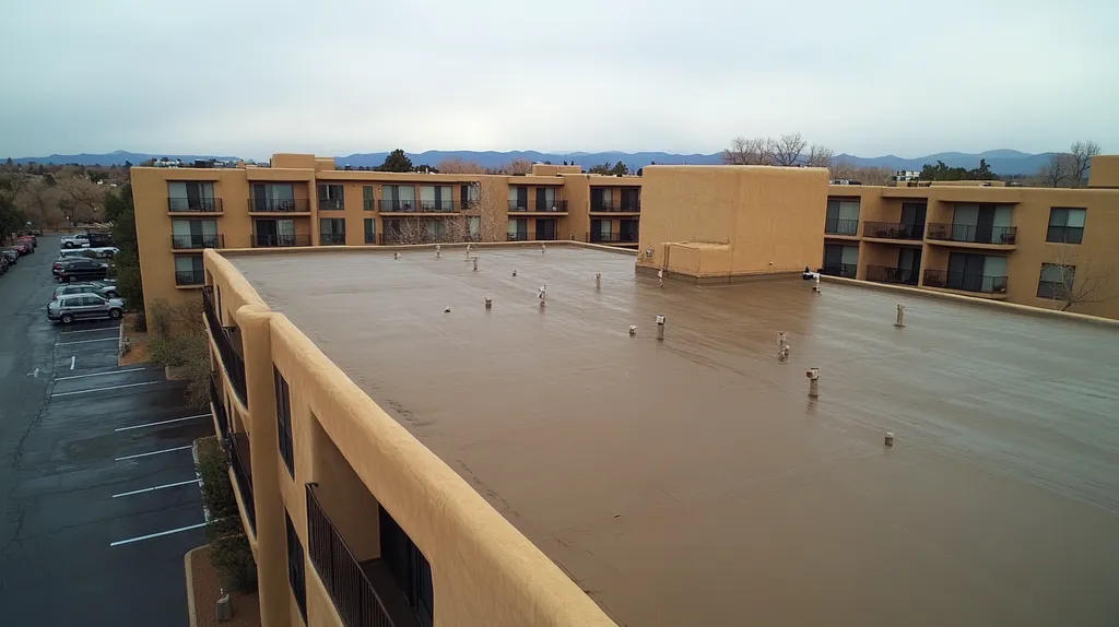A commercial roof on high-rise apartments in a location similar to Santa Fe with a rainy day aesthetic (AI image)